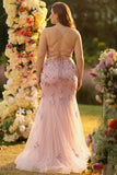 Sparkly Blush Floral Mermaid Corset Maxi Prom Dress