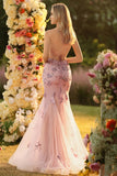 Sparkly Blush Corset Mermaid Long Floral Prom Dress