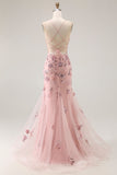 Sparkly Blush Floral Mermaid Corset Maxi Prom Dress