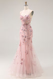Sparkly Blush Floral Mermaid Corset Maxi Prom Dress