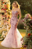 Sparkly Blush Corset Mermaid Long Floral Prom Dress