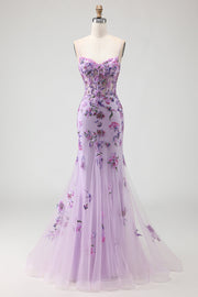 Sparkly Purple Floral Corset Mermaid Long Prom Dress