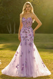 Floral Purple Sparkly Mermaid Maxi Corset Prom Dress with Sequins