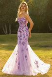 Floral Purple Sparkly Mermaid Maxi Corset Prom Dress with Sequins