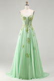 Sparkly Floral Green Corset A-Line Long Prom Dress with Beading