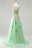 Sparkly Floral Green Corset A-Line Long Prom Dress with Beading