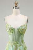 Sparkly Floral Green Corset A-Line Long Prom Dress with Beading