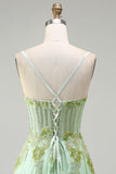 Sparkly Floral Green Corset A-Line Long Prom Dress with Beading
