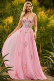 Sparkly Floral Pink Long Corset A Line Prom Dress with Beading