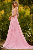 Sparkly Floral Pink Long Corset A Line Prom Dress with Beading