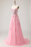 Sparkly Floral Pink Long Corset A Line Prom Dress with Beading