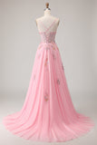 Sparkly Floral Pink Long Corset A Line Prom Dress with Beading