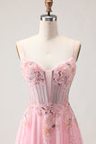 Sparkly Floral Pink Long Corset A Line Prom Dress with Beading