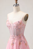 Sparkly Floral Pink Long Corset A Line Prom Dress with Beading