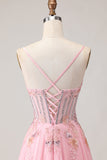 Sparkly Floral Pink Long Corset A Line Prom Dress with Beading