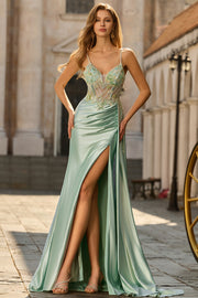 Floral Green Sparkly Long Mermaid Corset Prom Dress with Appliques