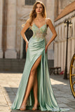 Floral Green Sparkly Long Mermaid Corset Prom Dress with Appliques