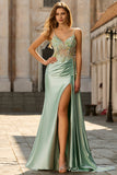Floral Green Sparkly Long Mermaid Corset Prom Dress with Appliques