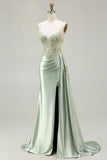Sparkly Green Floral Long Mermaid Corset Prom Dress with Appliques