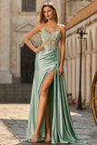 Floral Green Sparkly Long Mermaid Corset Prom Dress with Appliques