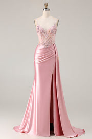 Sparkly Pink Mermaid Floral Satin Long Corset Prom Dress with Sequin