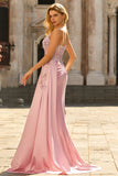 Sparkly Pink Mermaid Floral Satin Long Corset Prom Dress with Sequin