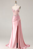 Sparkly Pink Mermaid Floral Satin Long Corset Prom Dress with Sequin