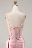 Sparkly Pink Mermaid Floral Satin Long Corset Prom Dress with Sequin
