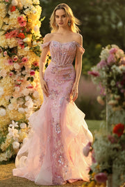 Sparkly Blush Floral Mermaid Long Corset Prom Dress with Ruffles