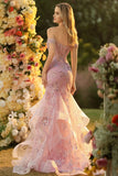Sparkly Floral Blush Mermaid Ruffled Maxi Corset Prom Dress