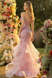 Sparkly Blush Floral Mermaid Long Corset Prom Dress with Ruffles