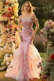 Sparkly Blush Floral Mermaid Long Corset Prom Dress with Ruffles