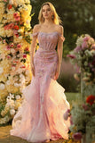 Sparkly Blush Floral Mermaid Long Corset Prom Dress with Ruffles