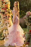 Sparkly Blush Floral Mermaid Long Corset Prom Dress with Ruffles