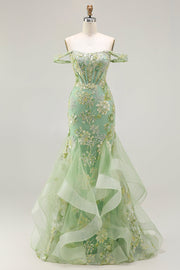 Sparkly Floral Green Mermaid Long Corset Prom Dress with Ruffles