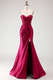 Burgundy Mermaid Satin Long Corset Prom Dress with Slit