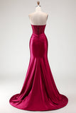 Burgundy Mermaid Satin Long Corset Prom Dress with Slit