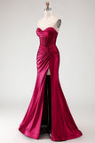 Burgundy Mermaid Satin Long Corset Prom Dress with Slit