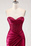 Burgundy Mermaid Satin Long Corset Prom Dress with Slit