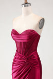 Burgundy Mermaid Satin Long Corset Prom Dress with Slit