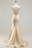 Champagne Satin Mermaid Maxi Corset Prom Dress with Slit