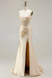 Champagne Satin Mermaid Maxi Corset Prom Dress with Slit