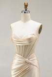 Champagne Satin Mermaid Maxi Corset Prom Dress with Slit