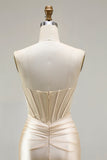 Champagne Satin Mermaid Maxi Corset Prom Dress with Slit