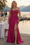 Burgundy Mermaid Satin Long Corset Prom Dress with Slit