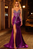Dark Purple Glitter Beaded Mermaid Corset Long Prom Dress with Slit