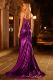 Dark Purple Glitter Beaded Mermaid Corset Long Prom Dress with Slit