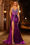 Dark Purple Glitter Beaded Mermaid Corset Long Prom Dress with Slit