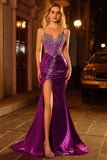 Dark Purple Glitter Beaded Mermaid Corset Long Prom Dress with Slit