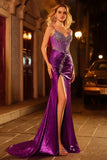 Dark Purple Glitter Beaded Mermaid Corset Long Prom Dress with Slit